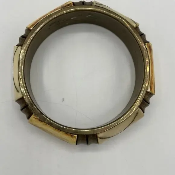 Stone Brass Women’s Cuff Bracelet Ivory Tone Slip On Boho Peasant Nature - Picture 8 of 13